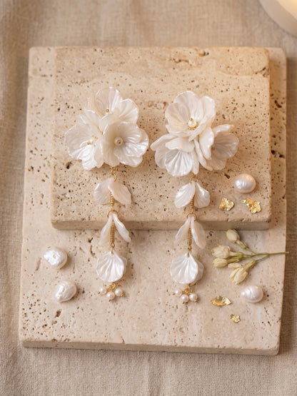 Aurelia Flower Pearl White Statement Handmade Beaded Earrings