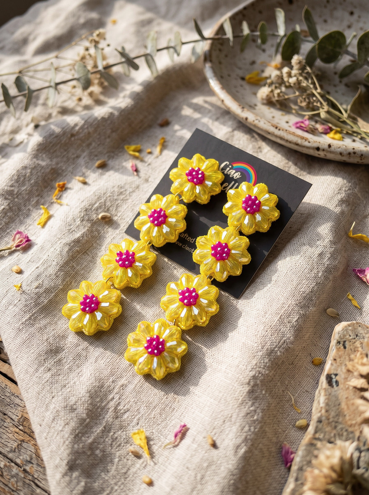 Sparkling Yellow Pink Daisy Flower Handmade Beaded Drop Earrings