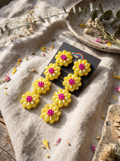 Sparkling Yellow Pink Daisy Flower Handmade Beaded Drop Earrings