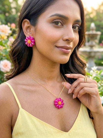 Sparkling Hot Pink Flower Handmade Beaded Necklace + Earrings Set