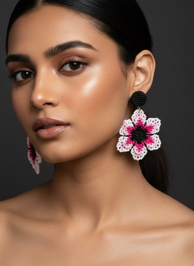 Blossoming Pink Flower Handmade Beaded Earrings