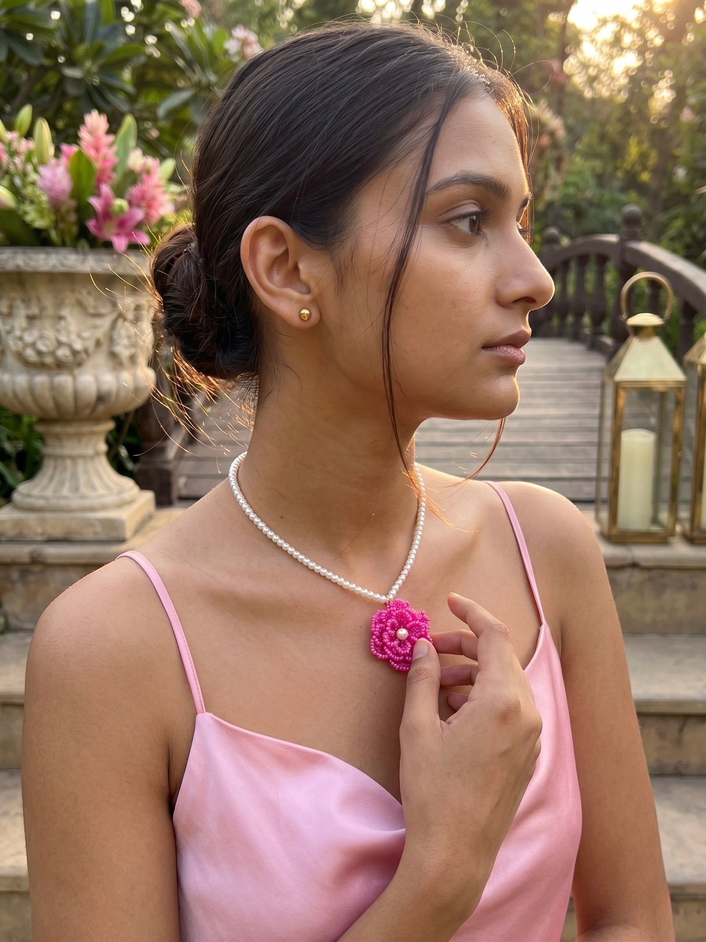 Crochet Pink 3D Rose Flower Handmade Beaded Necklace