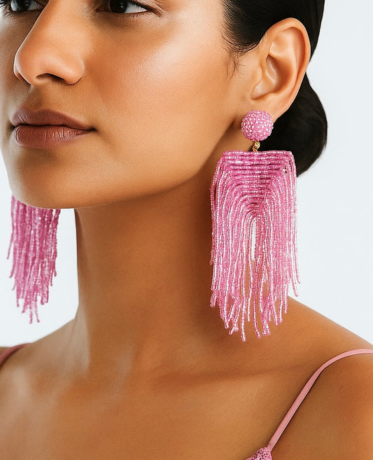 Luxe Blush Pink Handmade Beaded Tassel Earrings