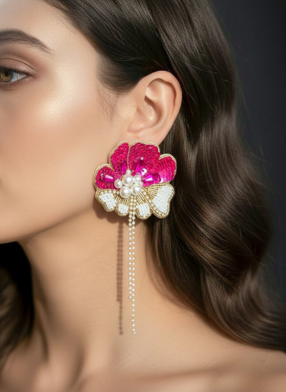 Floral Fiesta Pink Handmade Beaded Flower Earrings