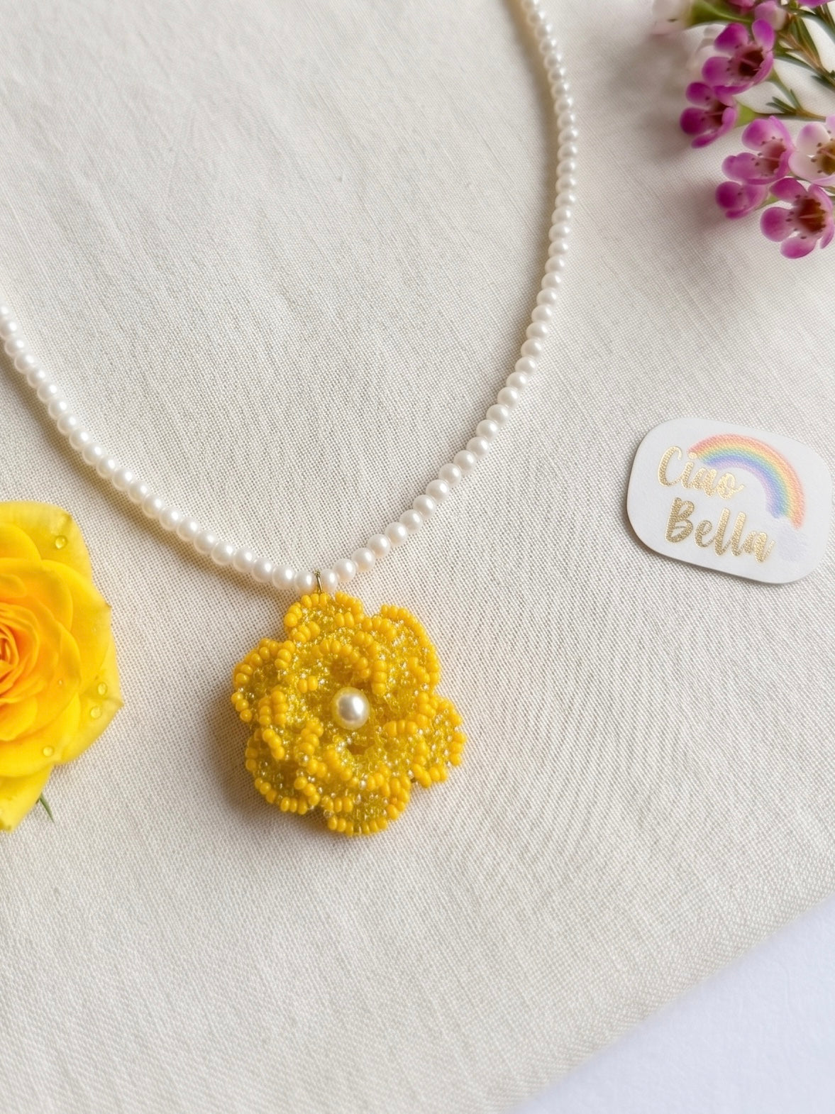 Crochet Yellow 3D Rose Flower Handmade Beaded Necklace