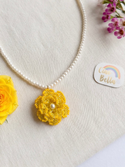 Crochet Yellow 3D Rose Flower Handmade Beaded Necklace