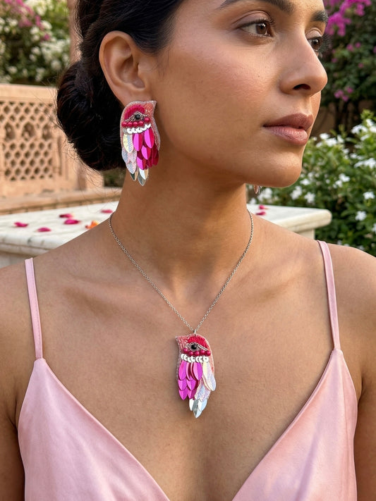 Chirpy Blush Pink Parrot Handmade Beaded Necklace + Earrings Set