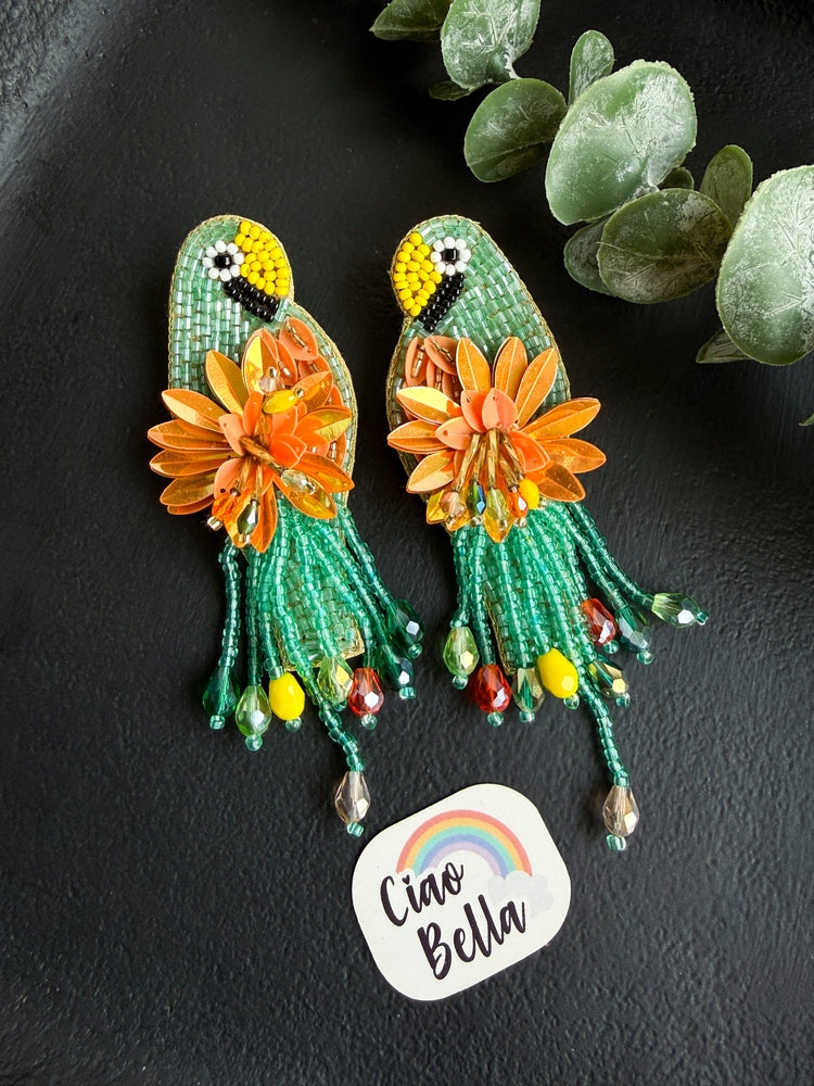 Luxe Paradise Teal Mint Lagoon Orange Parrot Handmade Beaded Bird Earrings