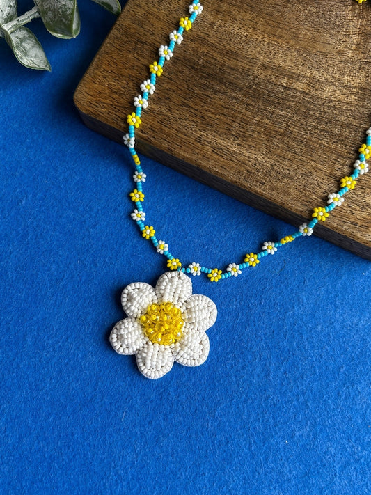 Spring Bloom Blue Yellow White Daisy Handmade Beaded Necklace