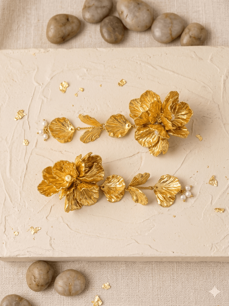 Aurelia Flower Gold Statement Handmade Beaded Earrings