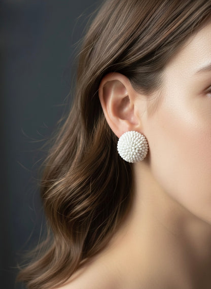 White Round Handmade Beaded Stud Earrings