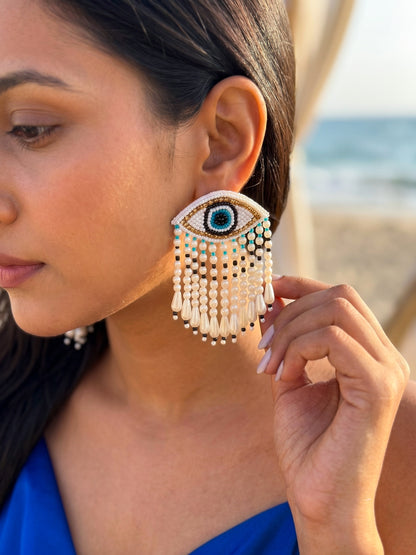 Mystic Evil Eye White Tassel Handmade Beaded Earrings