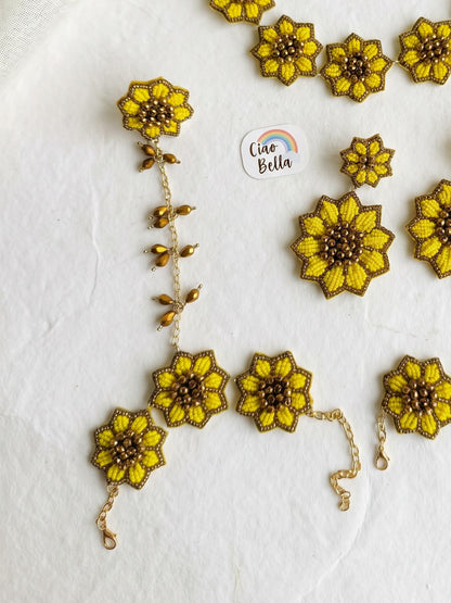 Sunflower Handmade Beaded Haldi Jewellery Set (Necklace + Earrings + Hathphools + Maangtika)