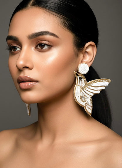 Ivory Humming Bird Handmade Beaded Earrings