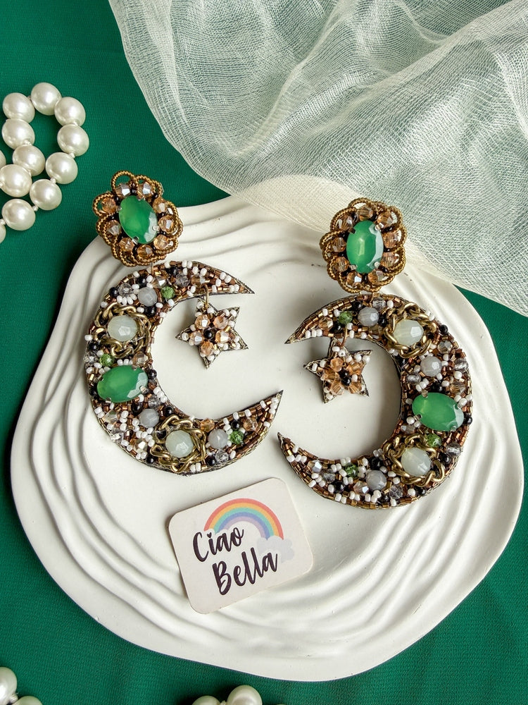 Emerald Crescent Moon & Star Handmade Beaded Statement Earrings