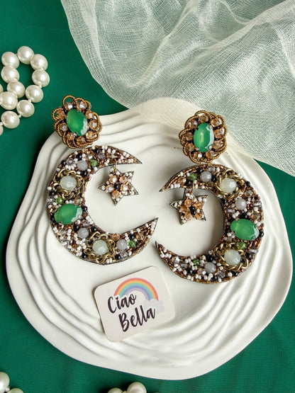 Emerald Crescent Moon & Star Handmade Beaded Statement Earrings