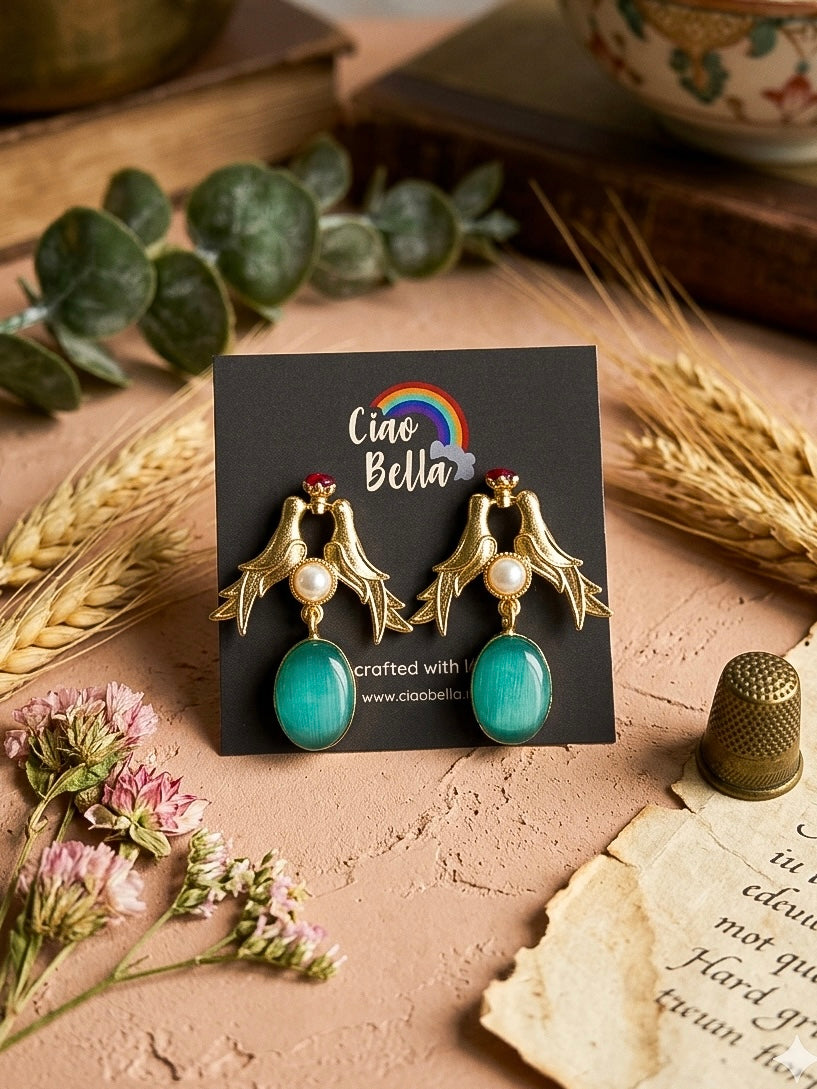 Love Birds Teal Monalisa Stone Handmade Brass Earrings