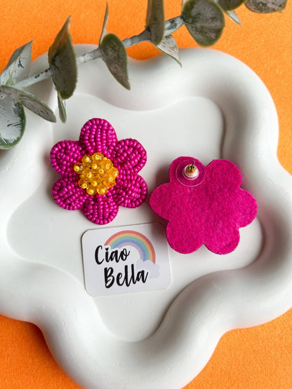 Pink Daisy Stud Handmade Beaded Flower Earrings