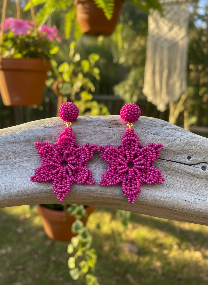 Fuchsia Delicate Snowflake Handmade Beaded Earrings