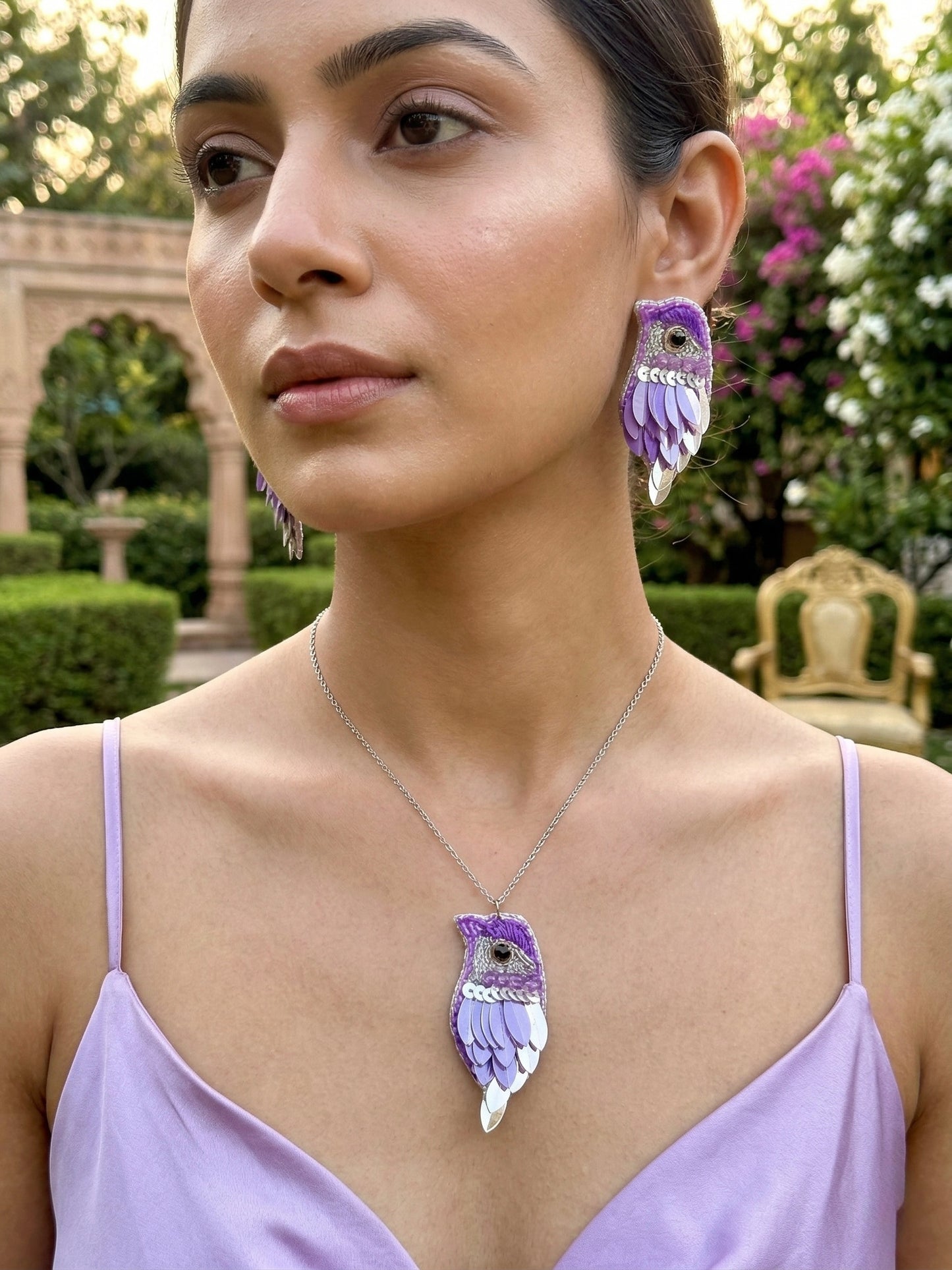 Chirpy Lilac Purple Parrot Handmade Beaded Necklace + Earrings Set