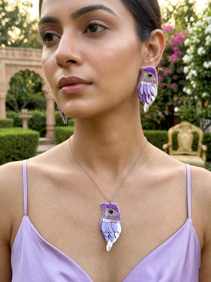 Chirpy Lilac Purple Parrot Handmade Beaded Necklace + Earrings Set