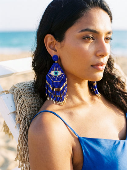 Nazarbattu Blue Evil Eye Handmade Beaded Tassel Earrings