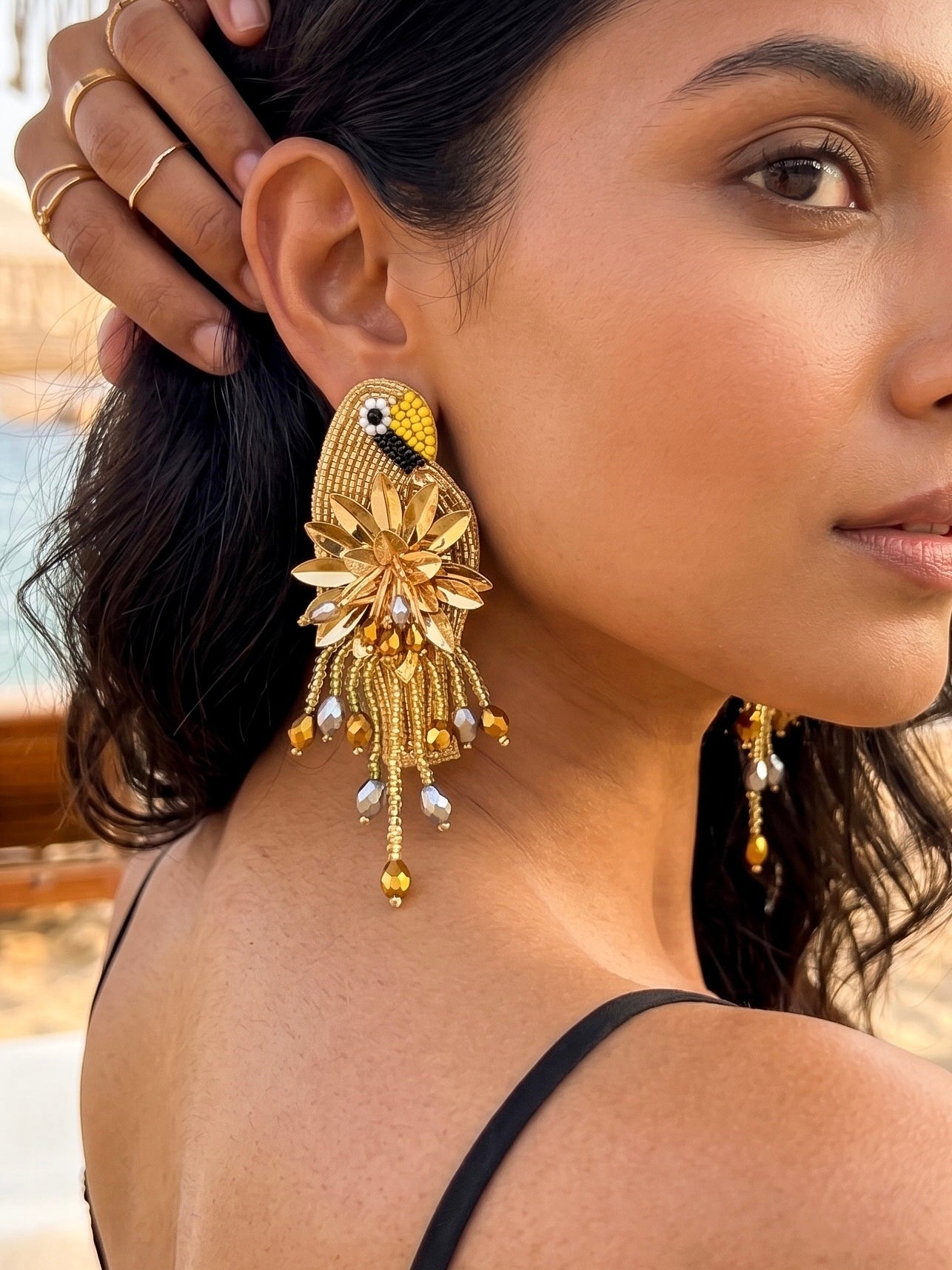 Luxe Paradise Golden Parrot Earrings Handmade Beaded Bird Earrings