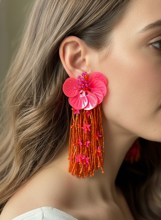Sunset Pink Orange Star Flower Handmade Beaded Earrings