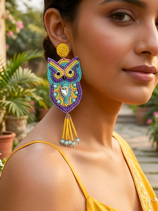 Chirpy Owl Yellow Handmade Beaded Bird Earrings