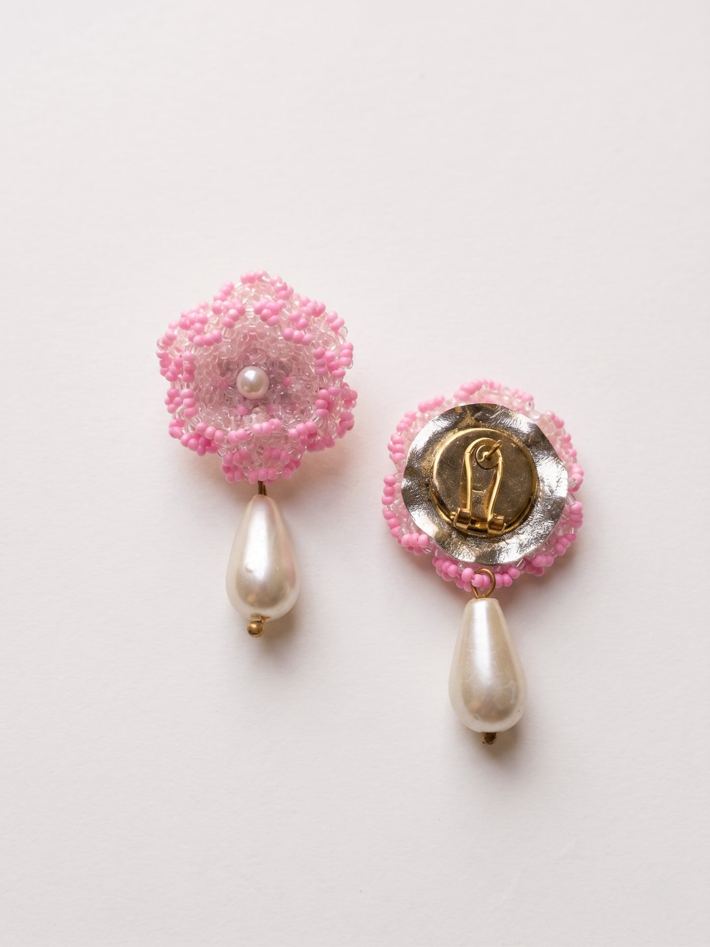 Crochet Blush Pink 3D Rose Pearl Drops Flower Handmade Beaded Earrings
