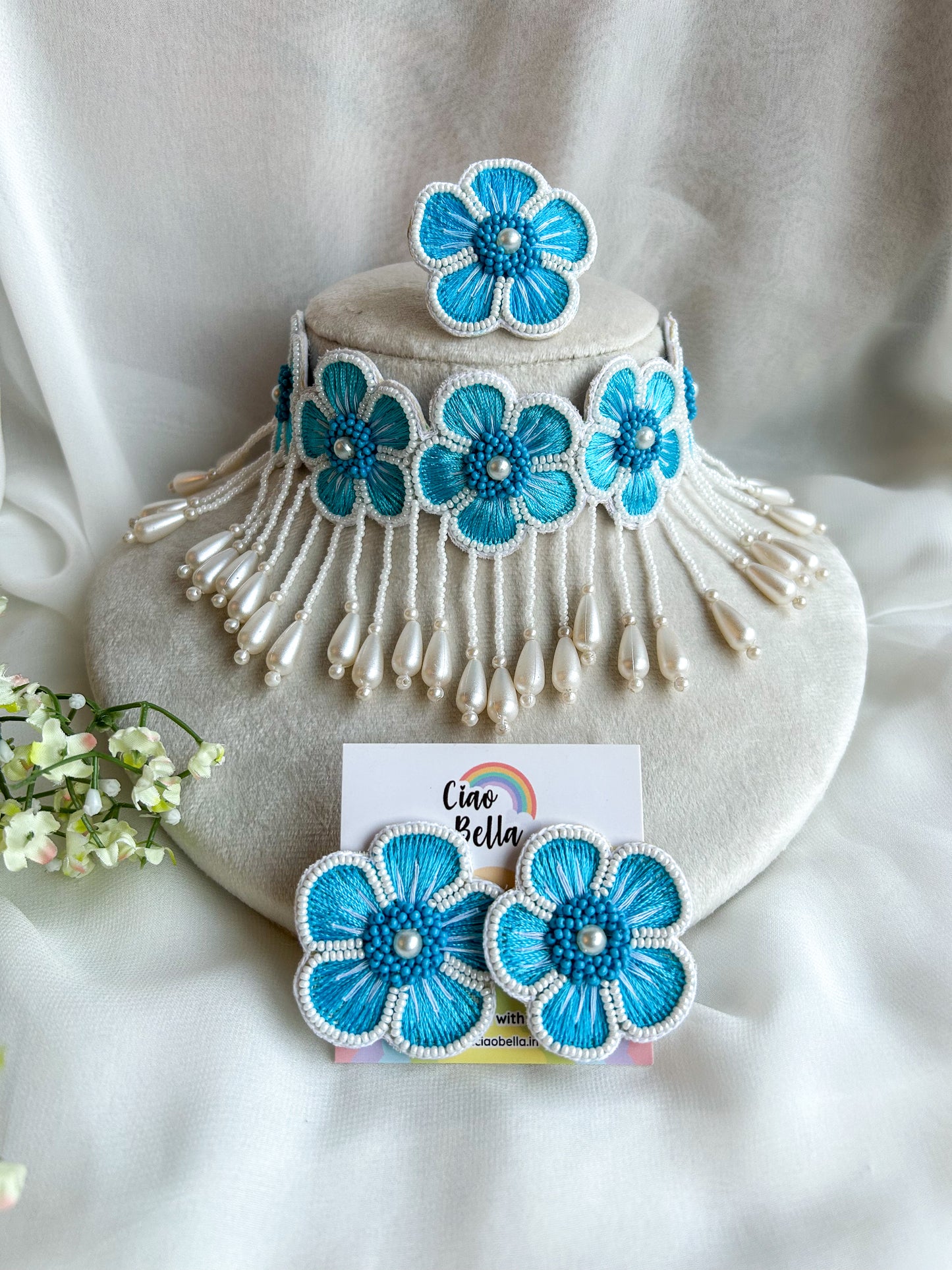 Cool Blue Blossom Handmade Necklace + Earrings + Ring Set