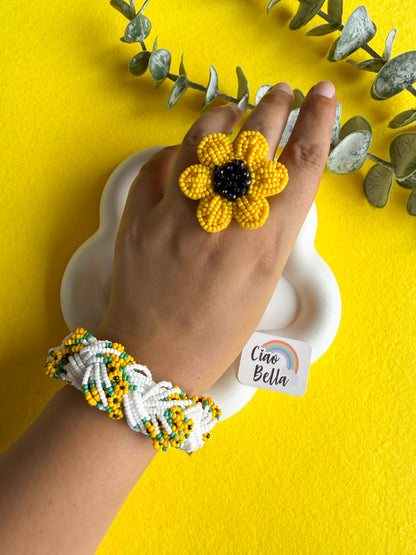 Luxe Flora Sunflower Handmade Beaded Bracelet + Ring Combo