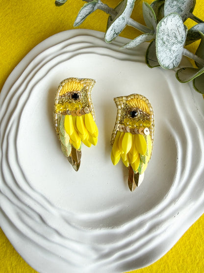 Chirpy Sunny Yellow Parrot Handmade Beaded Bird Earrings