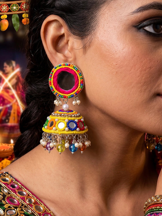 Rangili Yellow Mirror Handmade Beaded Jhumka Earrings