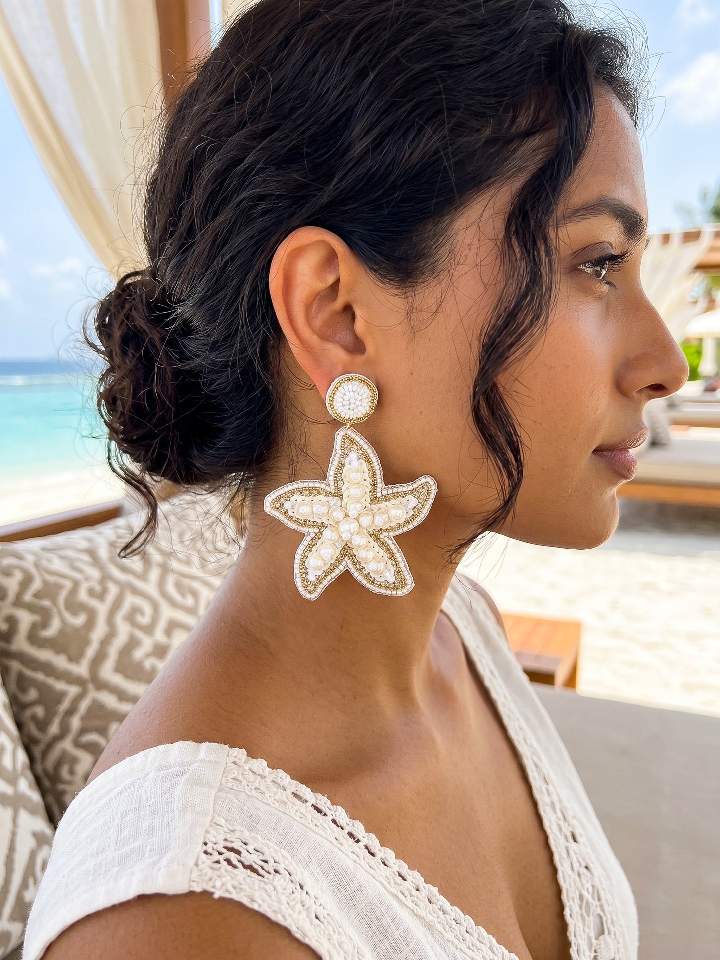 Ivory Pearl Glam Starfish Handmade Beaded Earrings