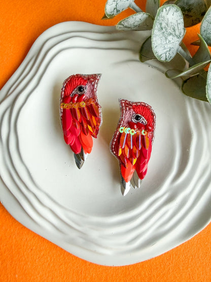 Chirpy Sunset Orange Parrot Handmade Beaded Bird Earrings