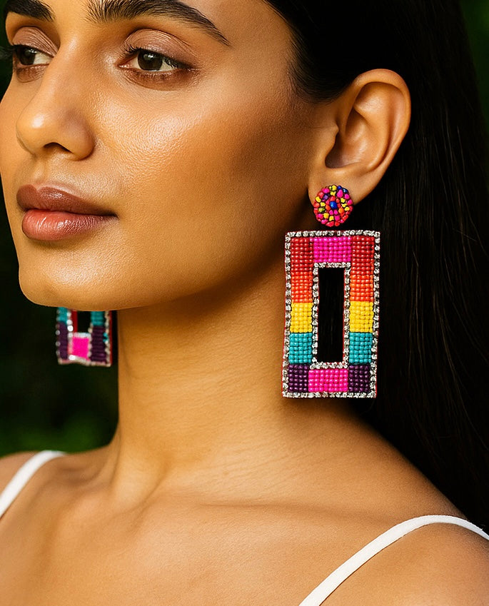 Vibrant Rainbow Drop Handmade Beaded Earrings