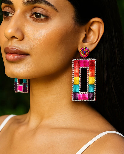 Vibrant Rainbow Drop Handmade Beaded Earrings
