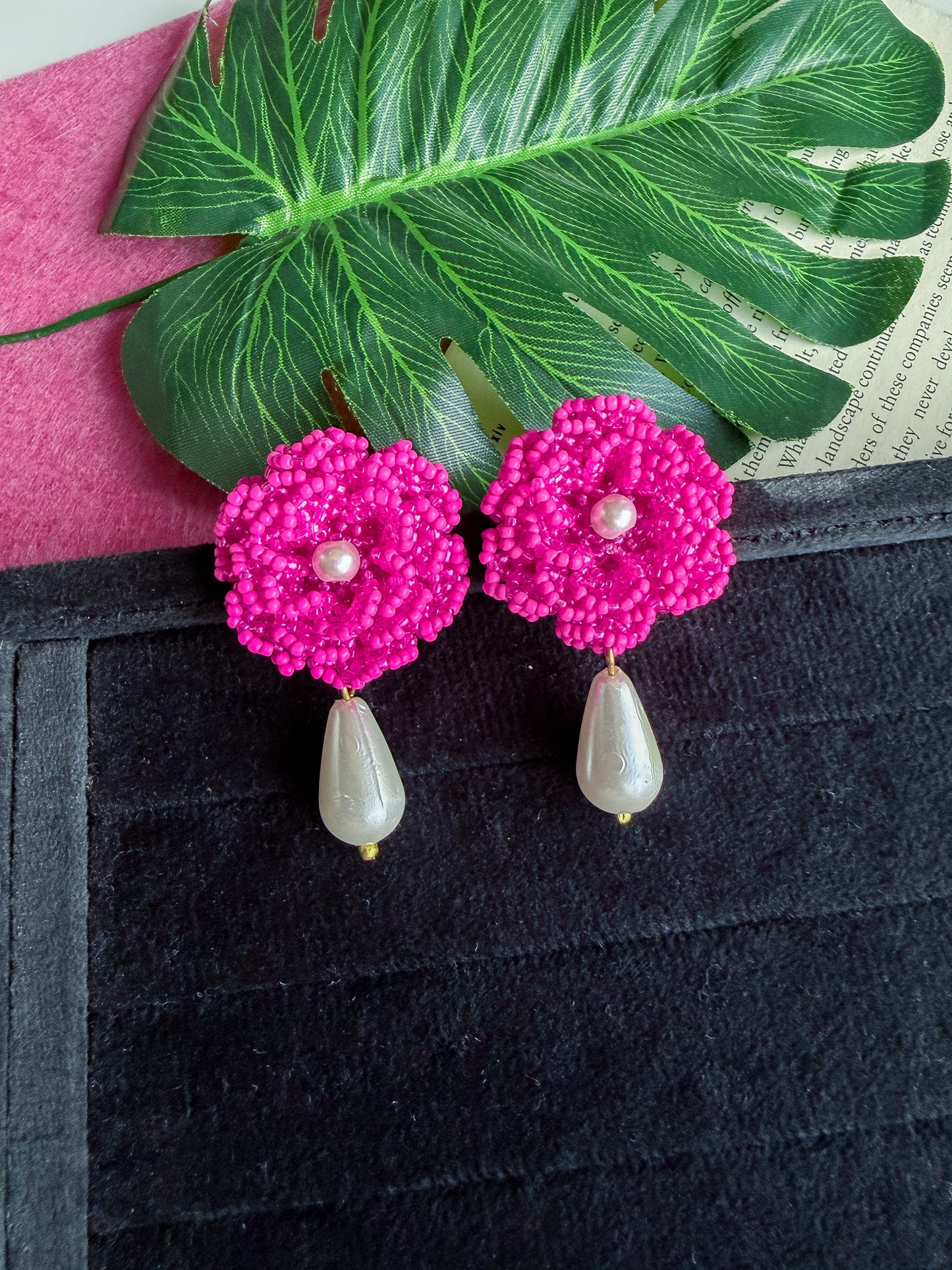 Crochet Pink 3D Rose Pearl Drops Flower Handmade Beaded Earrings