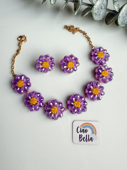 Sparkling Lilac Daisy Handmade Beaded Necklace + Earrings Set