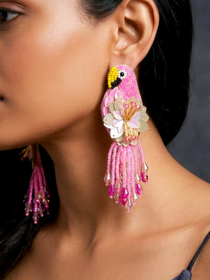 Luxe Paradise Pink Parrot Handmade Beaded Bird Earrings