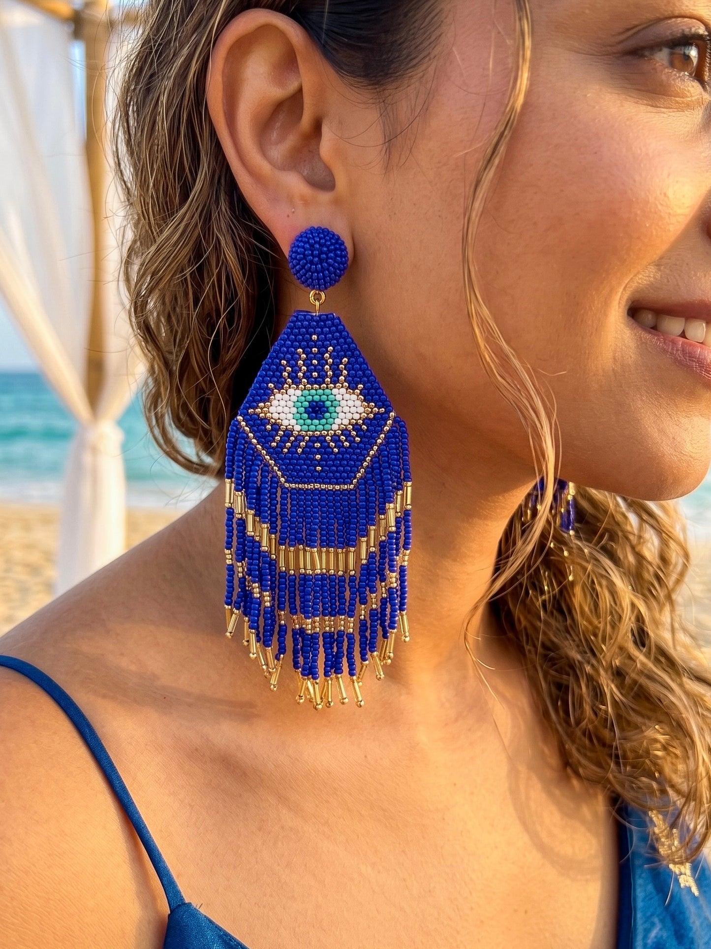 Nazarbattu Blue Evil Eye Handmade Beaded Tassel Earrings
