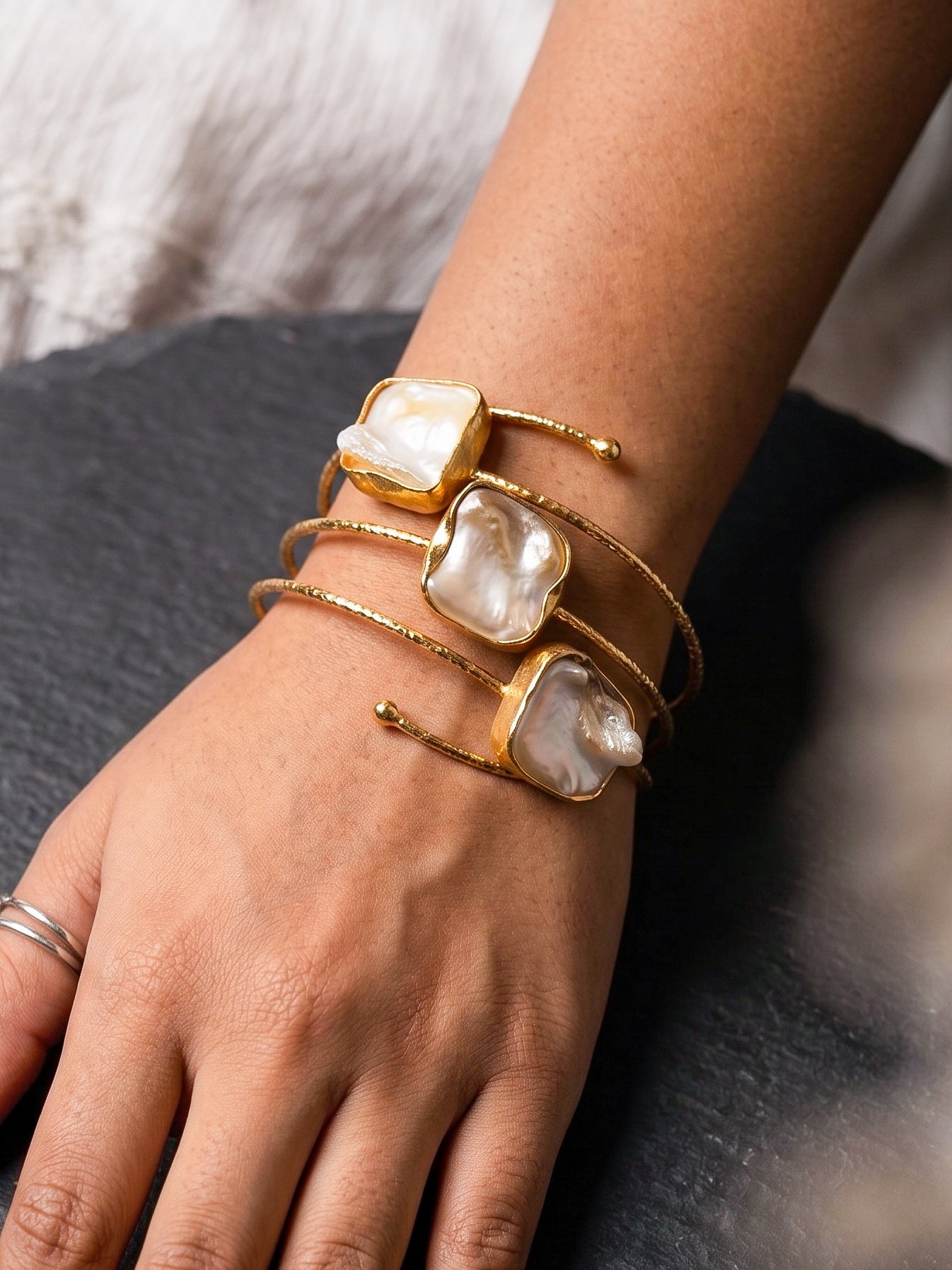 Golden Tide Mother of Pearl Handmade Brass Cuff Bracelet