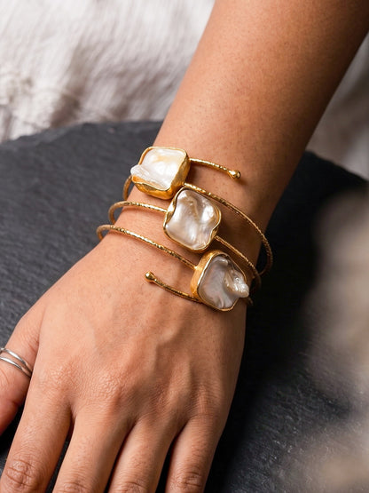 Golden Tide Mother of Pearl Handmade Brass Cuff Bracelet