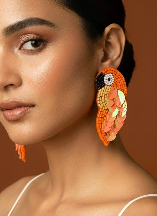 Orange Parrot Handmade Beaded Bird Earrings
