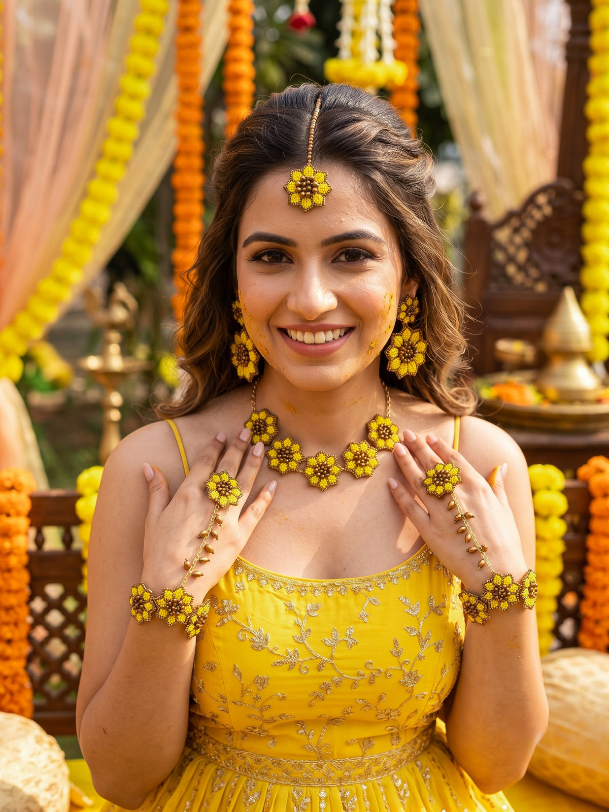 Sunflower Handmade Beaded Haldi Jewellery Set (Necklace + Earrings + Hathphools + Maangtika)