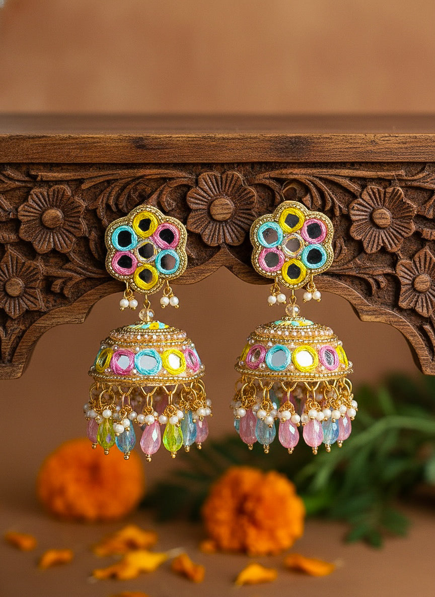 Phuljhadi Mirror Handmade Beaded Jhumka Earrings