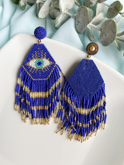 Nazarbattu Blue Evil Eye Handmade Beaded Tassel Earrings