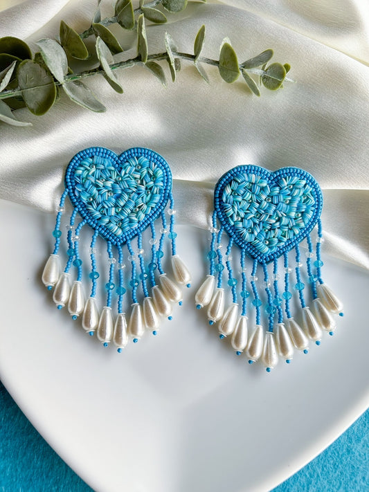 Aqua Blue Heart Drop Handmade Beaded Tassel Earrings