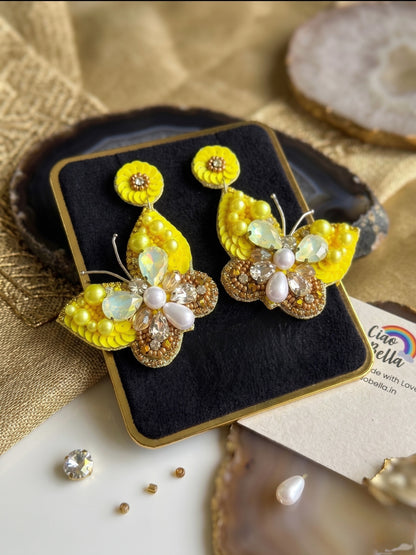 Luxe Crystal Yellow Handmade Beaded Butterfly Earrings